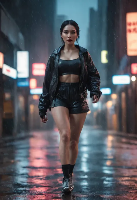 (professional 3d render: 3.2) af (Realistic: 3.2) The most beautiful artistic photo in the world, Smoothing function, Beautiful women running on wet city streets at night, Kobe bryant，basketball ball，Beautuful Women，Dim sky, rainy city, hyper realistic cyb...