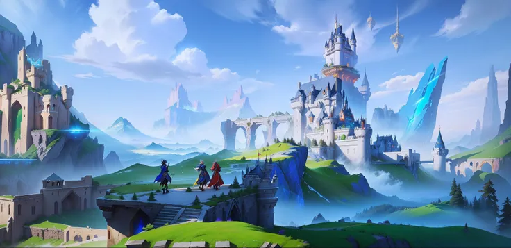 there is a painting of a castle in the middle of a mountain, style of duelyst, Stylized concept art, painted as a game concept art, fantasy game art style, concept world art, magical fantasy 2 d concept art, indie game concept art, arte de fundo, Game conc...