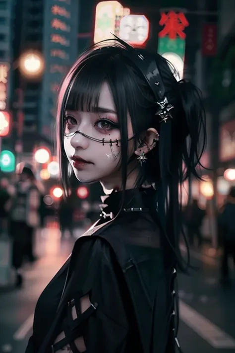 black and red mesh hair、goth_punk, 1girl in, 独奏, medium shot, walking in harajuku, ((during night)), bokeh dof, neon light, irid...