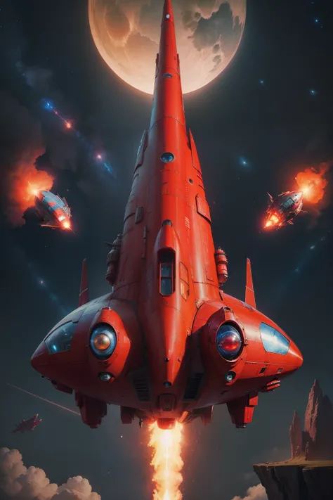 Red rocket ship，Blue fire emerges, Fantasy spaceship, legendary space ship, space ship, Spaceship, spaceship design, space ship gribble, small starship near, Flying spaceship, alien spaceship, spaceship in background, spaceship in background, duck shaped s...