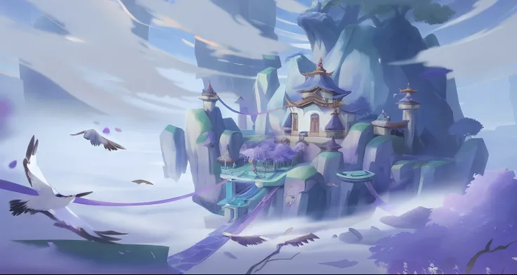 There is a cartoon picture，This is a castle in the middle of the forest, Onmyoji detailed art, G Liulian art style, Stylized concept art, style of duelyst, concept art style, arte de fundo, painted as a game concept art, onmyoji, Mobile game background, co...