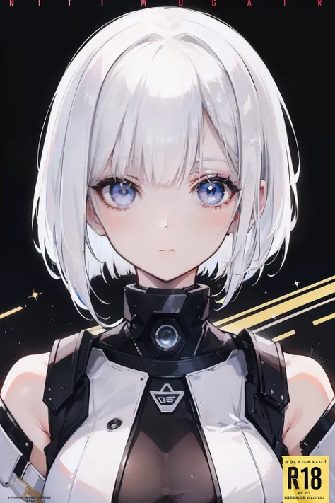 (masuter piece,Best Quality,Ultra-detailed), (A detailed face), Movie Posters, hight resolution, 1girl in, (Lucy), (cyberpunked), white  hair, (White hair with bangs), (bob cuts), Two-tone hair, Gold Eye, white  clothes, full bodyesbian, (Beautiful Detail ...