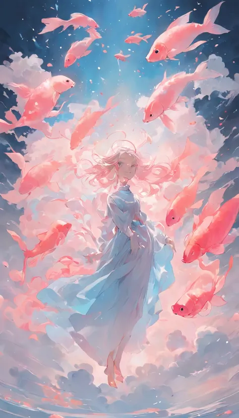 An inky white painting，The painting depicts a lady in a long light blue dress，There is a huge pink goldfish in the clouds, Made of fog, Dark white and pink, Clear face，Clear  eyes，In the style of Li Shuxing, shilin huang, Talented people, Ethereal form, gi...