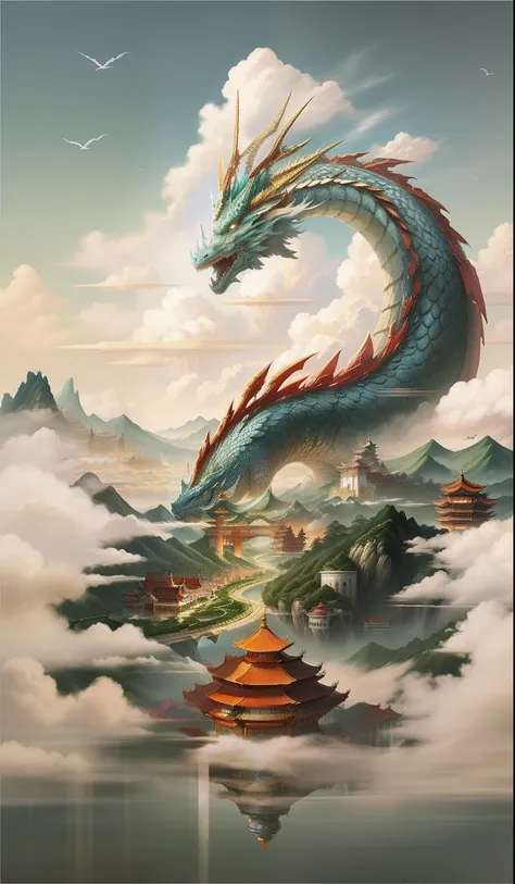 close-up of a painting of a dragon flying over the city, chinese fantasy, chinese dragon concept art, a dragon made of clouds, c...