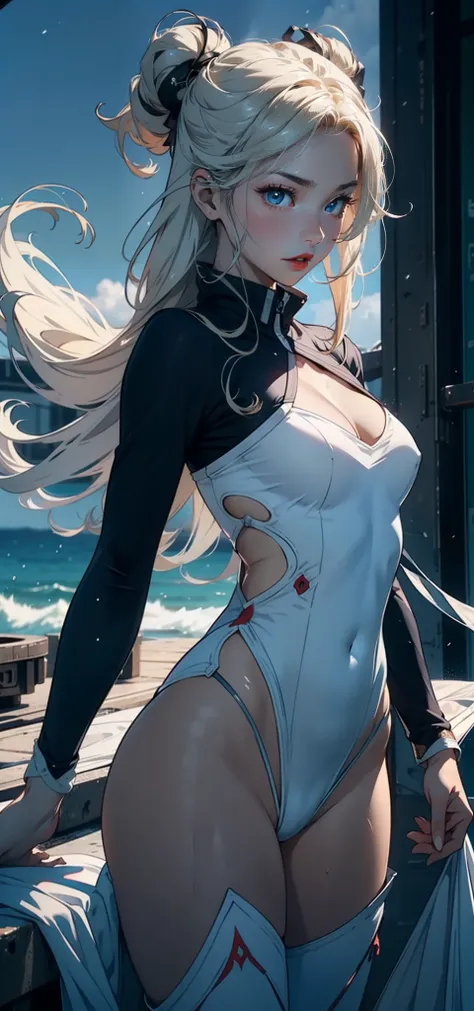 1womanl，3 years old，bit girl，Small loli，Raised sexy，Pornographic exposure， 独奏，Beauty contests，standing on your feet（Background with：the sea，snow mountains，warships，at winter season，Blizzarding，Big snowflakes）Snow-white skin，On warships， She has long blonde...