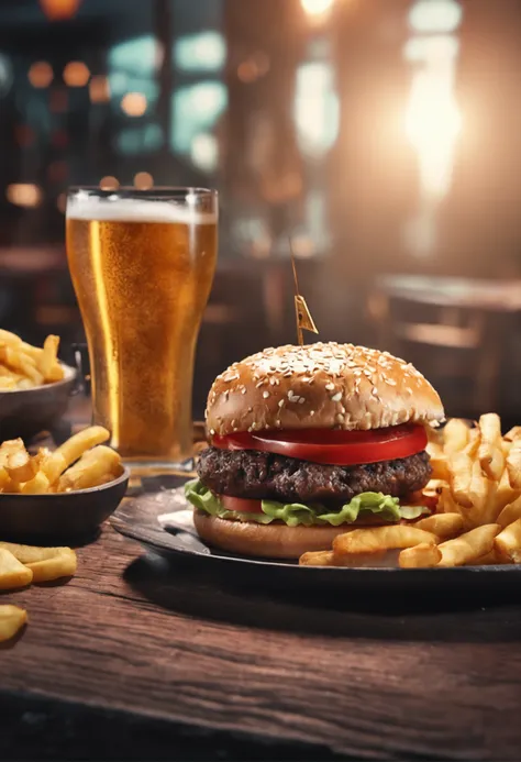 (Delicious burgers+french fries:1.2)，(Pure German beer+A mouthwatering wine glass:1.1)