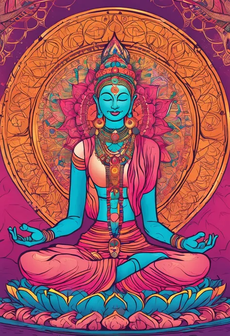 a woman sitting in a lotus position with a chakrai wheel, Chakras, Ajna Chakra, sagrado feminino, kundalini energia, colorido!!!, aura colorida, chakra sacral, psychedelic goddess, aura de poder. circunstanciado