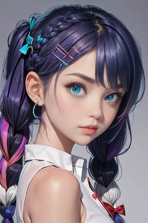 1girl, solo, (portrait), (from side), (twintail), bangs, twin braids, multicolored hair, multiple braids, (purple hair), collared shirt, ((white shirt)), sleeveless, black pencil skirt, aqua eyes, hair bow, aqua bowtie, ribbon, hairclip, bracelet, jewelry,...