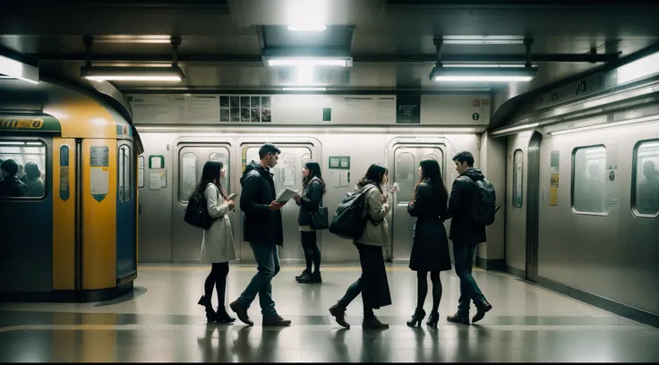 Absurdo, high resolution, super detalhado, retratando uma (((subway station))), soft lighting, intimate moments, and feelings of sadness and misery, Create stunning images of a subway platform with long exposures that capture the beauty and movement of cel...