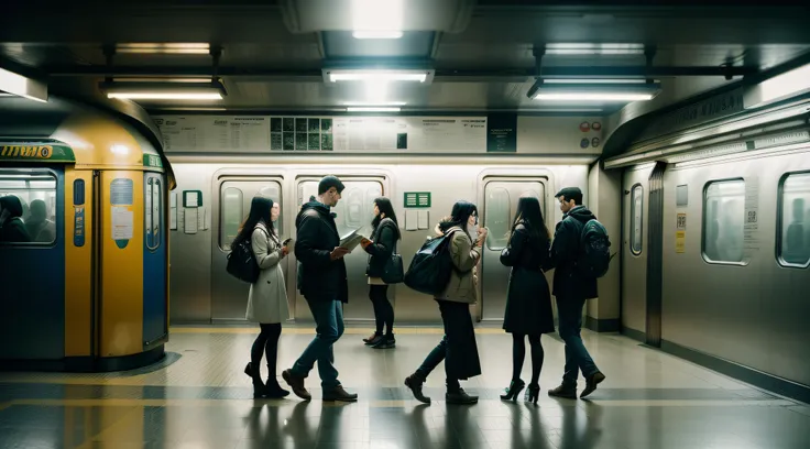 Absurdo, high resolution, super detalhado, retratando uma (((subway station))), soft lighting, intimate moments, and feelings of sadness and misery, Create stunning images of a subway platform with long exposures that capture the beauty and movement of cel...