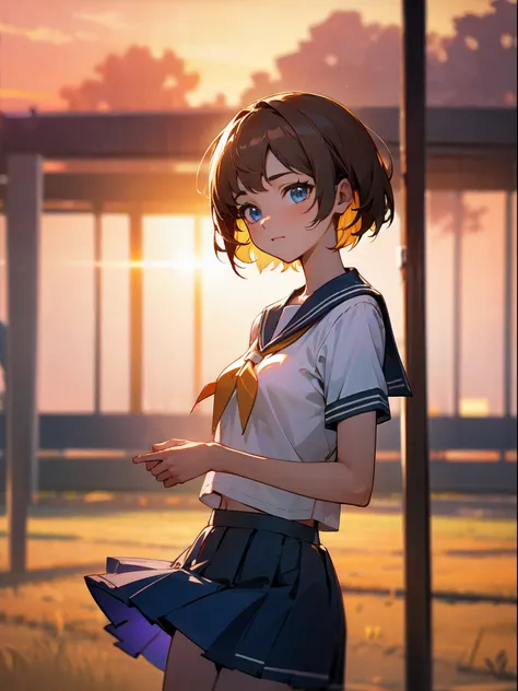 beautiful, white shirt, sailor uniform, mini skirt, brown short hair, blue eyes, medium breast, (masterpiece:1.3), (vibrant:1.2), high quality, high resolution, (background: golden hour, sunset, school, Sports field), ray tracing, global illumination