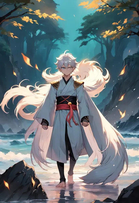 Calm sea level，The boy with long white hair stood in front，Lovely Moyang，with hair dishevelled，White cape，A long black sword surrounded the boy，A nine-tailed fox was behind the boy，Bronzed animal eyes，The nine-tailed fox is pink and white，Half a golden elf...