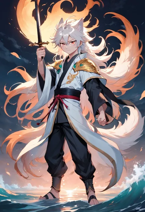 Calm sea level，The boy with long white hair stood in front，Lovely Moyang，with hair dishevelled，White cape，A long black sword surrounded the boy，A nine-tailed fox was behind the boy，Bronzed animal eyes，The nine-tailed fox is pink and white，Half a golden elf...