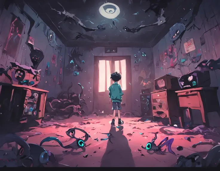 create an illustration and photograph of a scared boy in a dark room with a video game controller in his hands, the room is dark create various monsters around the room