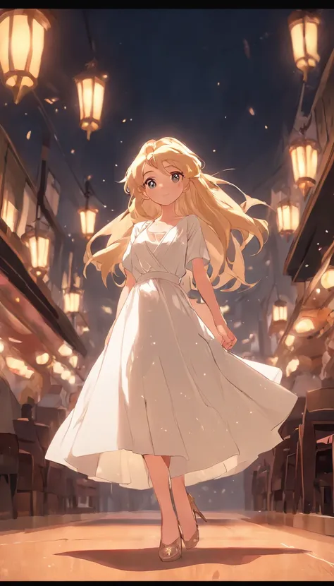 cinematic quality，Disney Animation Style，Cute girl with long golden hair in white dress。Restaurant at night。Detailed hair，high-heels，depth of fields，Highlight，Real Light，Ray traching，OC rendering，Ultra photo realsisim，best qualtiy，in 8K，Master the technolo...