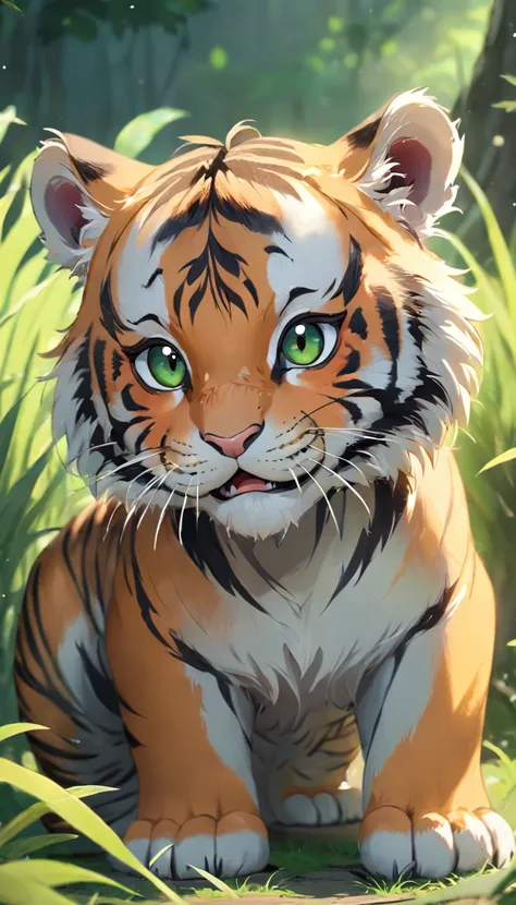 Cute little tiger，Fluffy，Vivid expressions，Play on the green grass，Bite your own tail，Vivid expressions，Natural soft light，Soft focus filter，Ultra-clear，Hyper-detailing，8K，A picture，3Drenderingof