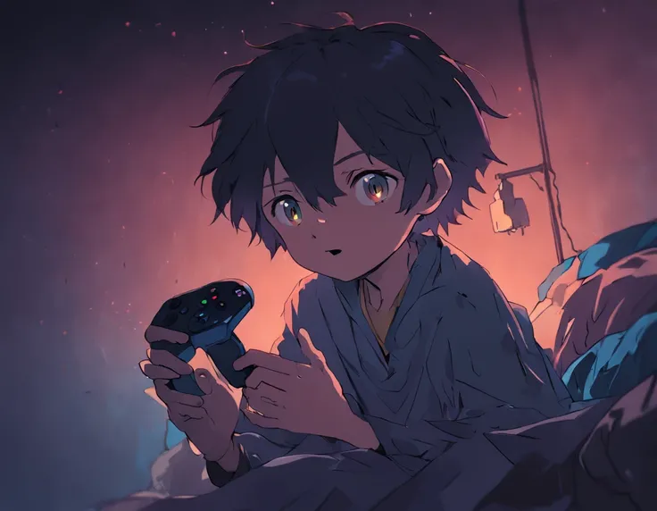 create an illustration and photograph of a scared boy in a dark room with a video game controller in his hands, the room is dark and its night