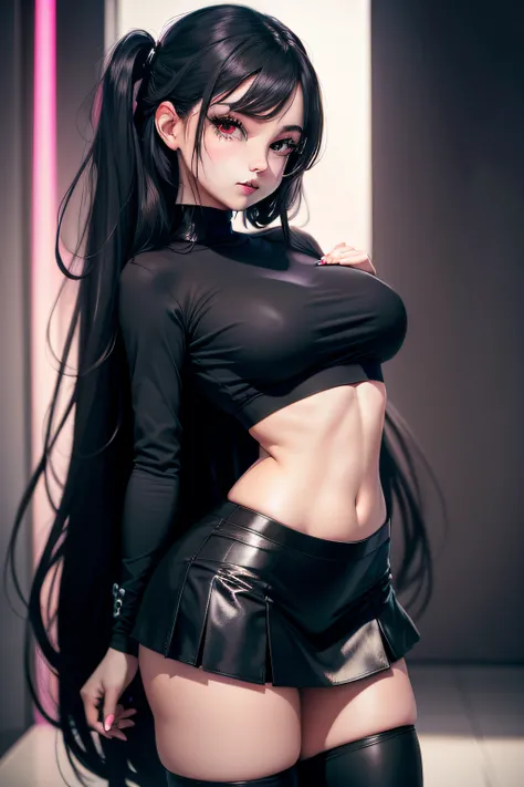 gothgirl, Long black hair,  black crop top，Pink skirt，Black CPTPN leggings, cheerfulness, Dancing, Beautiful anime style girl all over, clean detailed faces, underdressing, analogous colors, Glowing shadow, beautiful gradation, Depth of field, Clean image,...