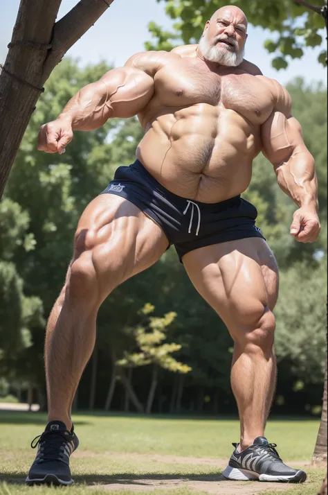 (huge muscular old man), (massive muscle) there is a man that is standing in park (wearing shorts), he is about 8 0 years old, 70 years old, 7 0 years old, huge muscular old man, bearded, thick feet, thick foot