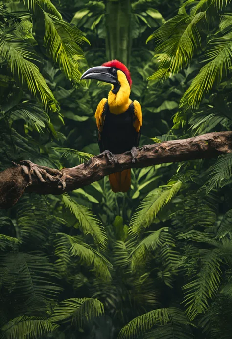 High nation-geographic symmetrical close-up portrait shoot in green jungle of an expressive GREAT HORNBILL , anamorphic lens, ultra-realistic, hyper-detailed, green-core, jungle-core –ar 16:9 –q 2 –v 5