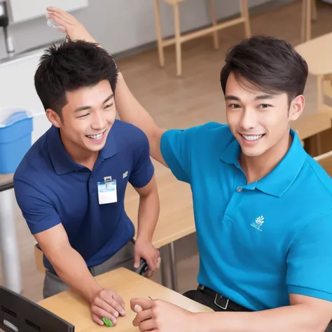 Cleaning workers、Man in blue polo shirt、Where I Teach、Get to work with a smile。Newcomer guidance