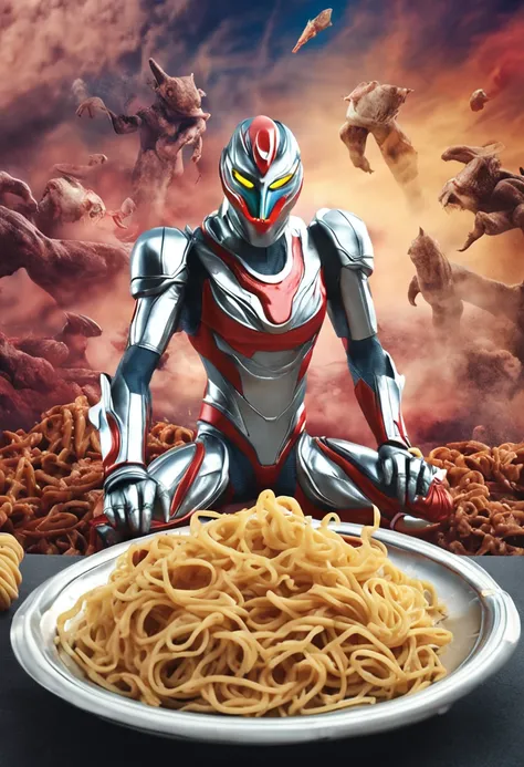 Ultraman eats pasta and fights monsters