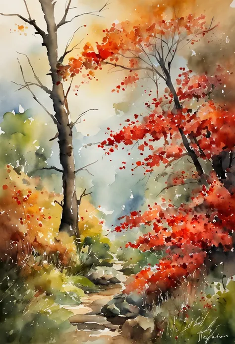 rays of sunshine，Red Maple，jungles，rios，Highest image quality，8K分辨率，（（a mosaic）），Hard-edge Painting，watercolor paiting，8K，Matte look,Li Tang,Impressionism,Ultra-close-up,ultra-wide-angle,hyper HD,ultra fine detailed,octaneratingrendering,Studio quality