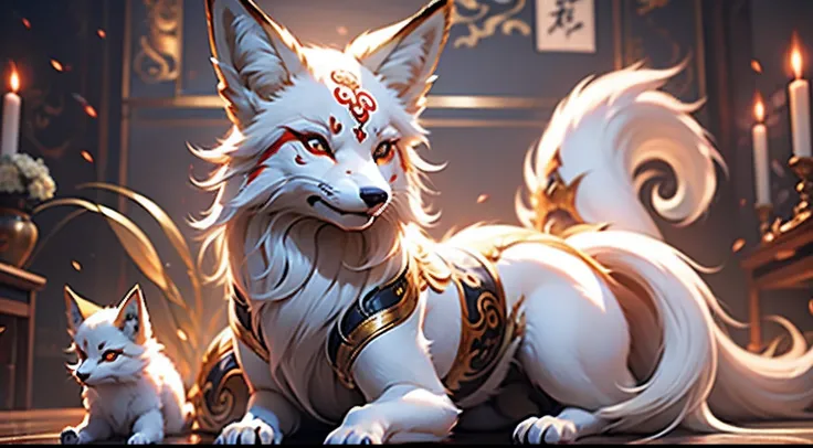 (Best Quality: 1.3), (masutepiece: 1.3), (Realistic: 1.4), (Details: 1.1), Nine Tails, Fox, White fur, Super fine, Super Flooring, Red dragon pattern on the body, God brightly々Red eyes, 9 tails pointing upwards, Dynamic, Mythological background, Super drea...