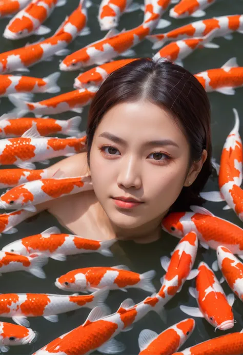 Portrait Photography of an individual, with expressive eyes, amidst a swarm of colorful Koi fish, in a wooden boat on a calm pond, emphasizing the symbiotic relationship of coexistence, close-up with a shallow depth of field, dappled sunlight creating a me...