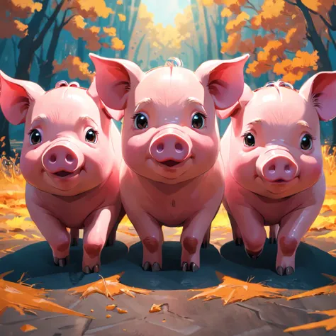 Draw 8 cartoon pigs，3D style，blender，adolable