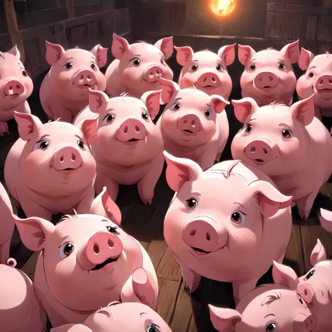 Draw 8 cartoon pigs，3D style，blender，adolable