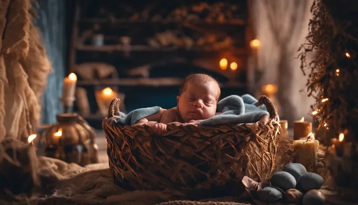 CLOSE UP OF THE NEWBORN SON OF MARIA AND JOSÉ DA BIBLIA, IN THE MANGER, RUSTIC PLACE, CINEMATIC IMAGE, 8K.