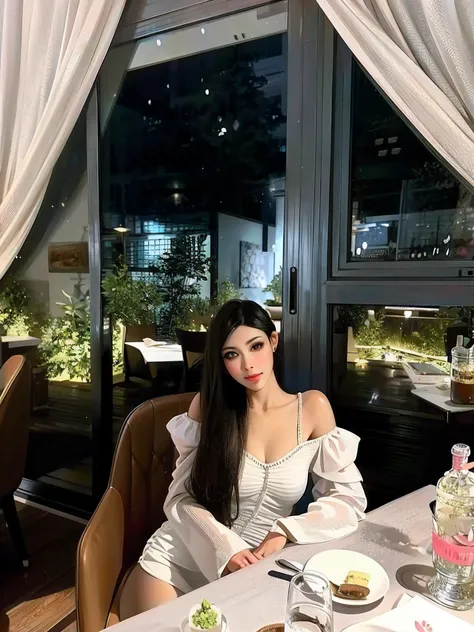 There was a woman sitting at the table，Carrying a plate of food, Shot on Canon EOS R 6, cindy avelino, High picture quality, anna nikonova aka newmilky, a beautiful woman in white aodai, imagem de qualidade alta, shot with sony alpha 1 camera, Handsome gir...