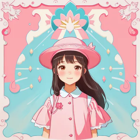 ((Girl in hat))), Two-dimensional painting style，cute-style, Charming expressions, Ideas come and go, Depict the details in detail，Pink hat，Bright background light，Fine lines，Elegant gesture, Fluttering hair, You can feel the life force of the character。