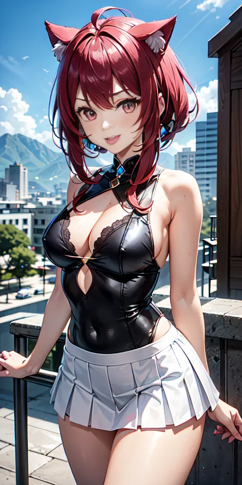 (solo 1 mujer)The anime character similar to Genshin Impact, a Suiza human woman of 18 years old, with magenta red hair, a beautiful and symmetrical face, happy and sticking out the tip of her tongue with cat ears instead of horns, ademas de super cachonda...