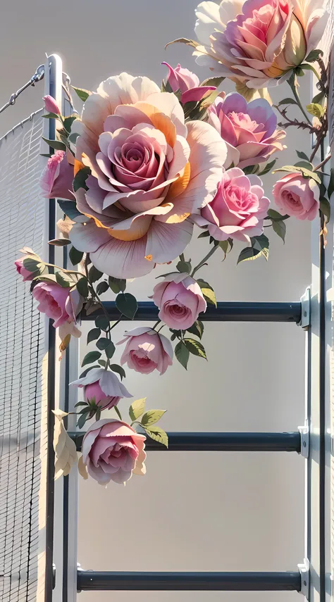 The sky is a magnificent sunset， In front is a row of white fences， The fence is covered with delicate roses，The colors are colorful， The whole picture is romantic，Realistic，High detail， hentail realism， color difference， lightand shade contrast， tmasterpi...