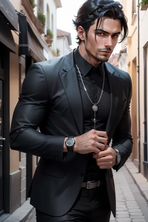 criar um homem, com terno preto muito sofisticado, with a silver watch, carregando uma mala, em nova iorque, on a street overlooking the buildings, entrando em um carro de luxo.