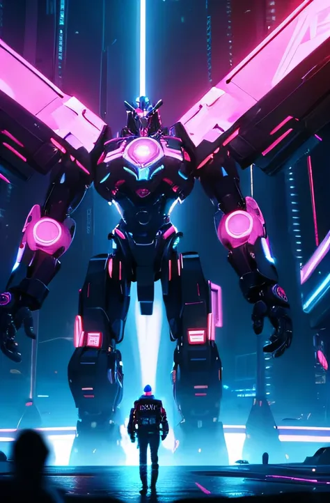 multiverse, portals, colorful, neon lights, man standing, a huge robot on his back with many mechanical arms, outreaching, vibrant, professionally made, masterpiece, high quality, defined,