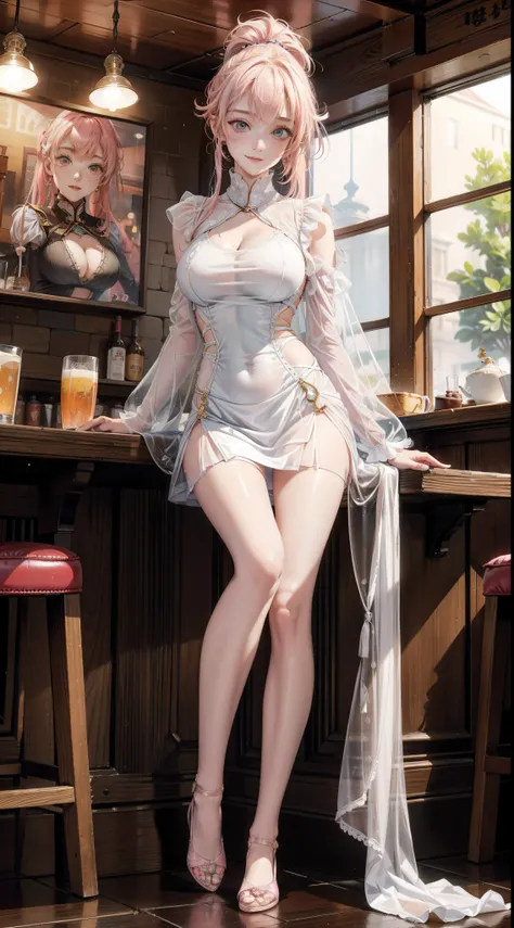 in a pub，The light is dim，Many strong men，Bar girls，White boatswain suit，Superskirt，drenched all over the body，Standing or sitting，Blonde or red or pink hair，Long or short hair or double ponytail or single ponytail or curly hair。see-through transparent clo...