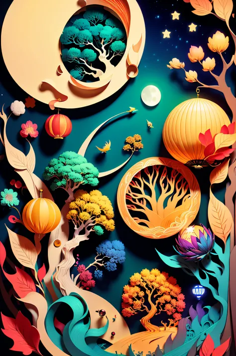 (((tmasterpiece)))，best qualtiy，illustratio，beautiful detail glow，
paper_cut， edgbunny， the tree，large moon，mid-autumn festival