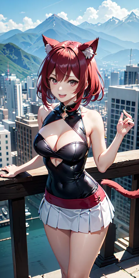 (solo 1 mujer)The anime character similar to Genshin Impact, a Suiza human woman of 18 years old, with magenta red hair, a beautiful and symmetrical face, happy and sticking out the tip of her tongue with cat ears instead of horns, ademas de super cachonda...