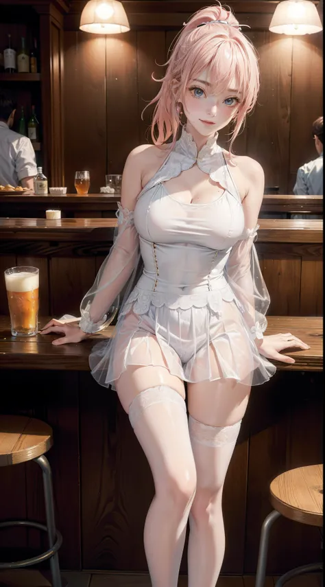 in a pub，The light is dim，Many strong men，Bar girls，White boatswain suit，Superskirt，drenched all over the body，Standing or sitting，Blonde or red or pink hair，Long or short hair or double ponytail or single ponytail or curly hair。see-through transparent clo...