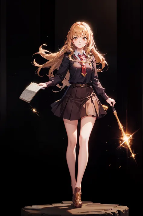 hermione granger, petite body shape, tie, masterpieces, best quality anime 4k wallpaper, holding a book, holy shiny magic effect, magical aura, classroom background, best lightning