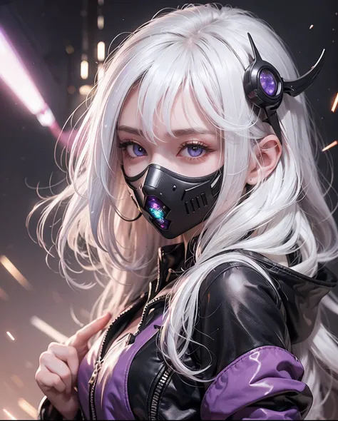 1girl, white hair, multicolored hair, purple eyes, mask on head, sidelighting, light particles, wallpaper,