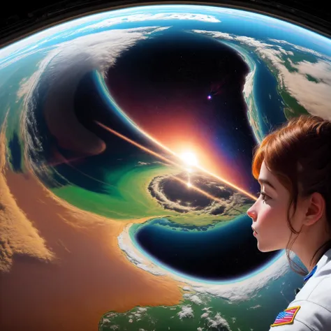 Create an image of a profile astronaut observing the planet earth that is on the right side