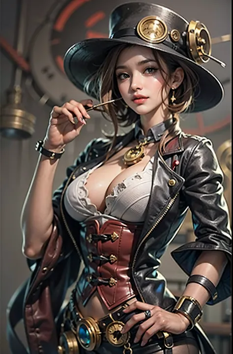 One Piece Emperor Han Cook – Steampunk costume and hat pose, steampunk beautiful anime woman, Lady in steampunk hat showing off her nails, In the style of Thomas Barceló, fisheyelens, Happy core, Multicultural elements, Dark brown and magenta, Dr. Seuss, A...