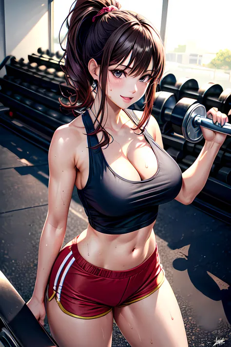 8k,Best Quality,masterpiece,Extremely detailed,realistic,1girl,japanese woman,(large breasts:1.2),cleavage,[[cameltoe]],toned and glamorous body,(Tank tops:1.3),(Hot Pants:1.3),ponytail,Brown hair,smug,(Sweat on breasts),looking at viewer,((gym:1.2)),