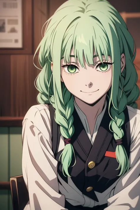 Kimetsu no Yaiba style, 1 girl, a hashira, pretty, white hair and green hair with a hint of blue at the ends, braided hair, cute, gentle, smiling