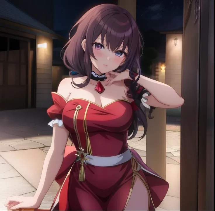 anime girl in a red dress standing in a courtyard, seductive anime girl, beautiful alluring anime woman, attractive anime girl, cute anime waifu in a nice dress, beautiful anime woman, beautiful anime girl, beautiful alluring anime teen, anime moe artstyle...