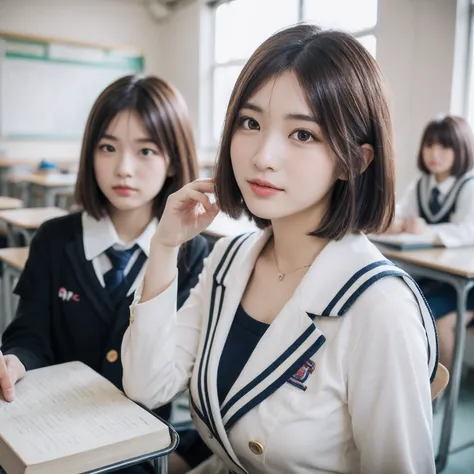 ((layered haircuts、Colossal tits:1.2)),（8K，highest  quality），full body shot shot，Watching from a distance，Distant shots，School Classroom，looking at book，In class，校服，pupils，High school student uniform，Full body photography:1.9，conservativelydressed，No cleav...